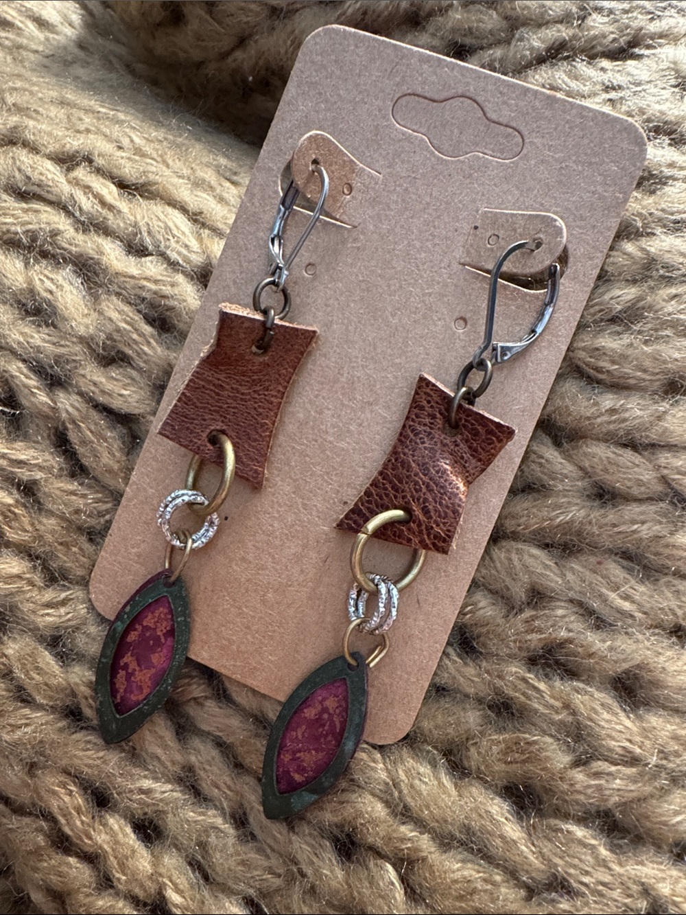 Handmade Brown Genuine Leather and Purple/Magenta Marbled Drop Earrings